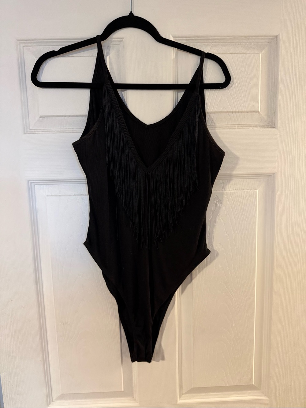 Black Fringe V-Neck Bodysuit - Women